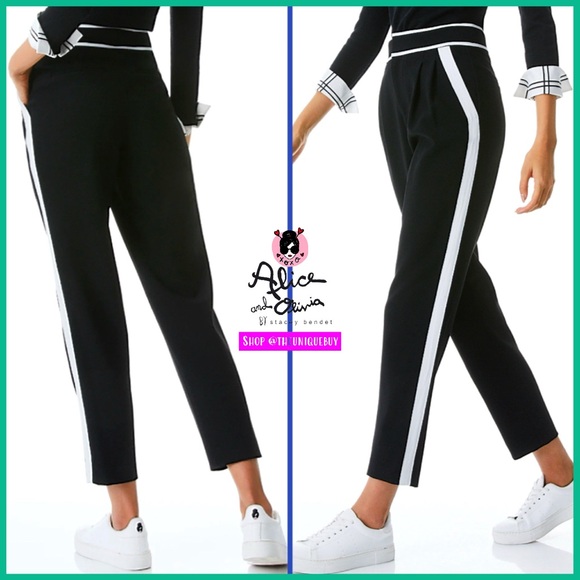 Alice + Olivia Esta Black Off White Pleated Slim Ankle Pant